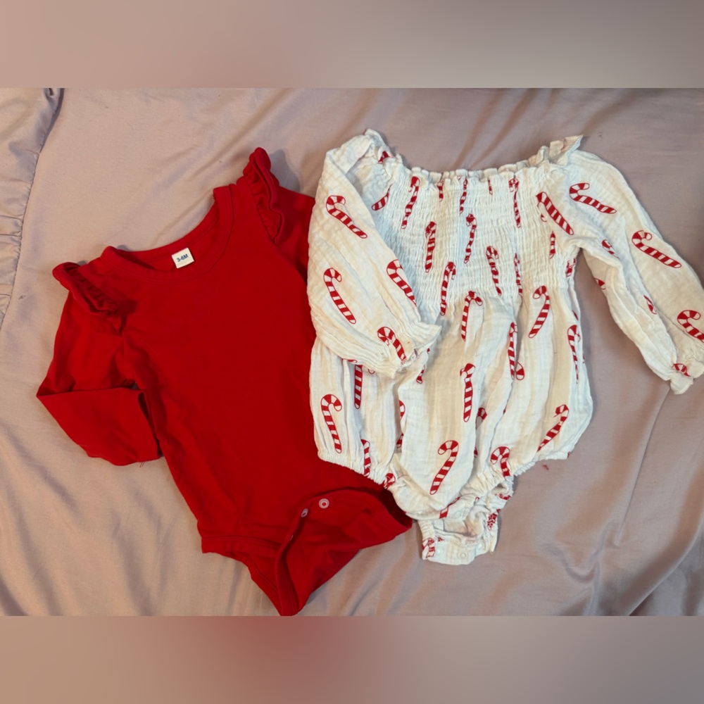 Holiday Red Baby Romper with Candy Cane Smocked Skirt